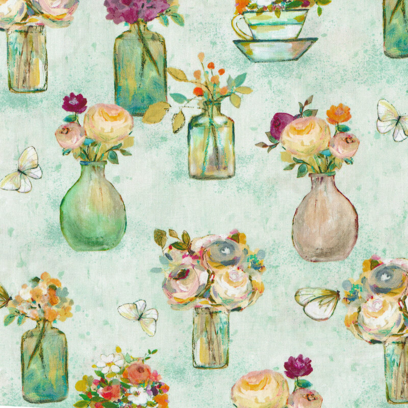 Image of hand drawn or painted flowers in assorted vases on a green textured background