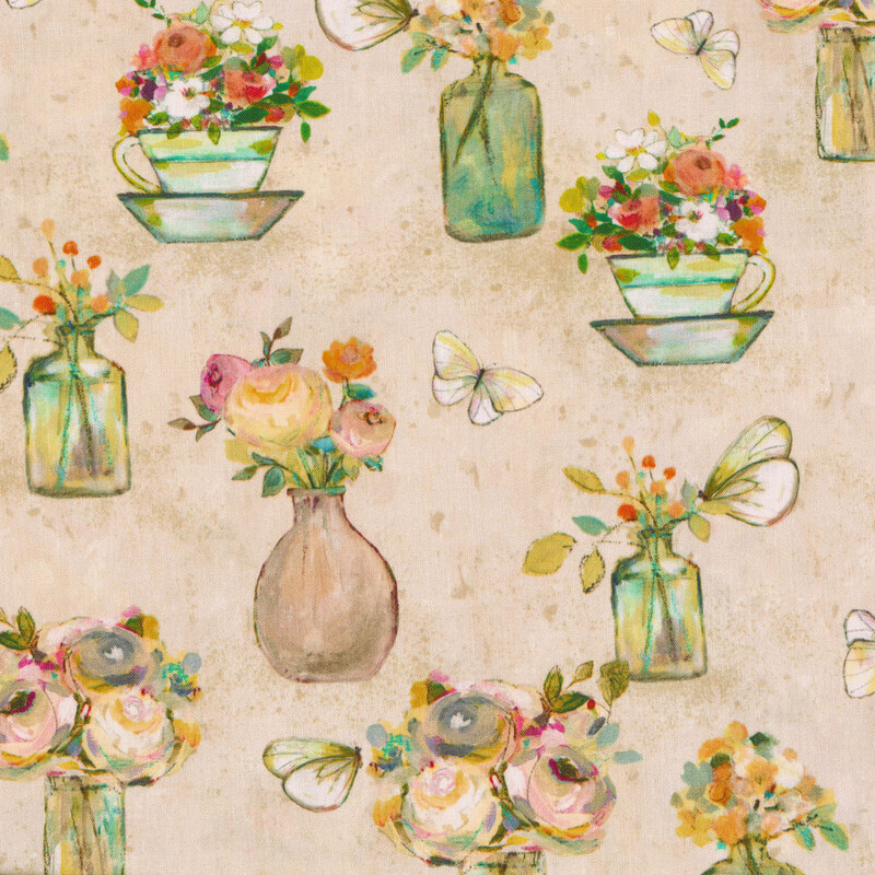 Image of hand drawn or painted flowers in assorted vases on a pale khaki textured background