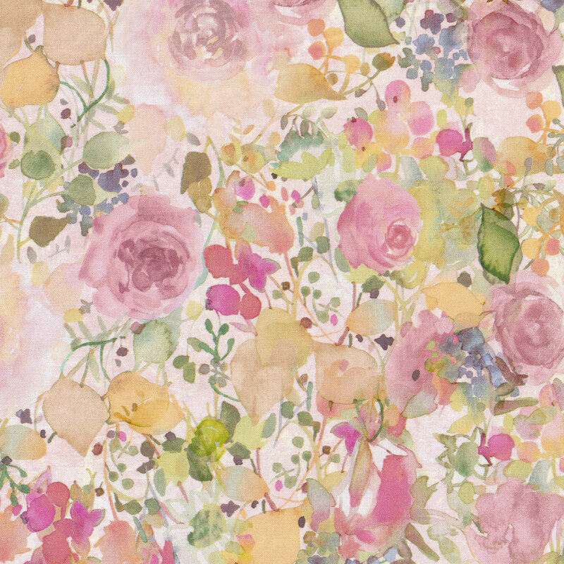 Handpainted flowers in a watercolor style crowded next to one another all over