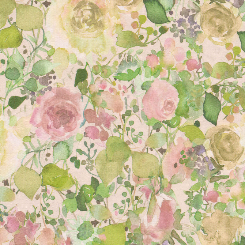 Handpainted flowers in a watercolor style crowded next to one another all over