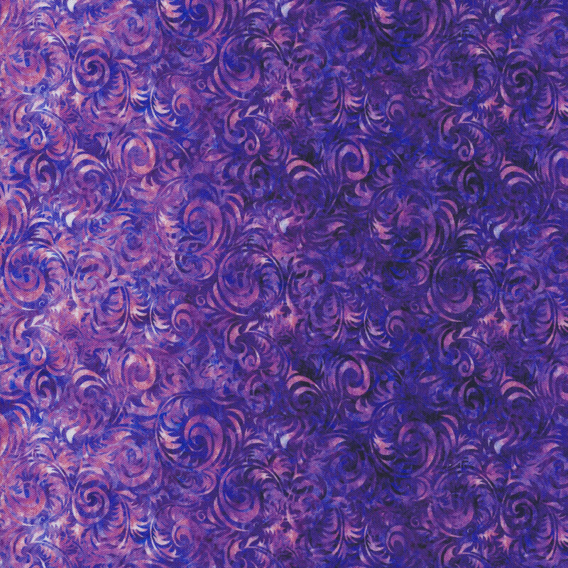 Tonal purple fabric with feather swirls on a dark purple background