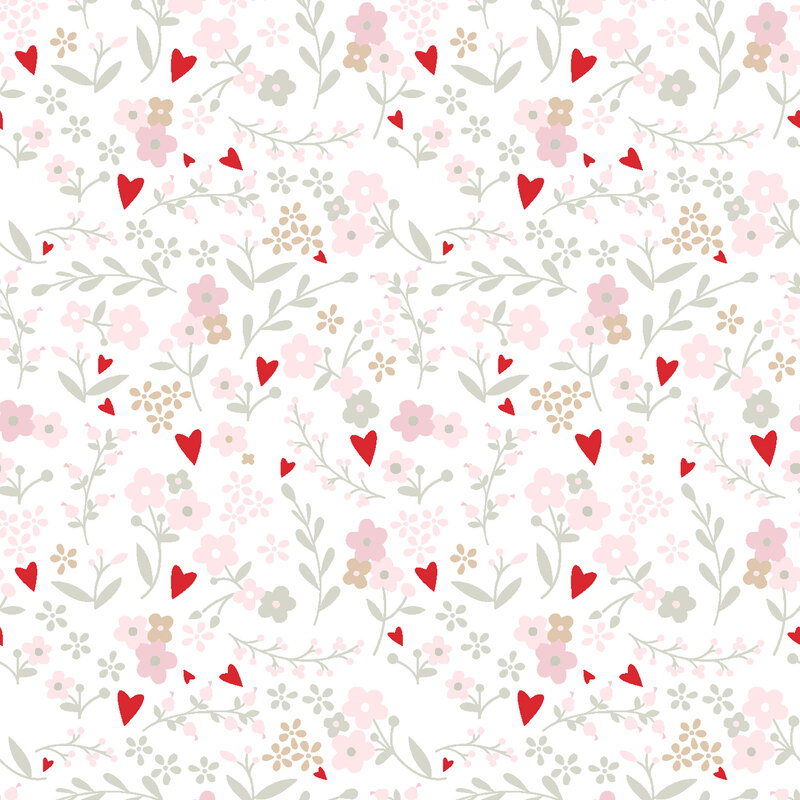 pink flowers, stems and red hearts all over a white fabric background