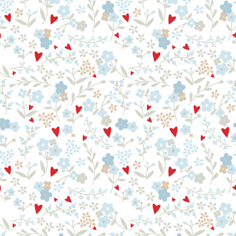blue flowers, stems and red hearts all over a white fabric background