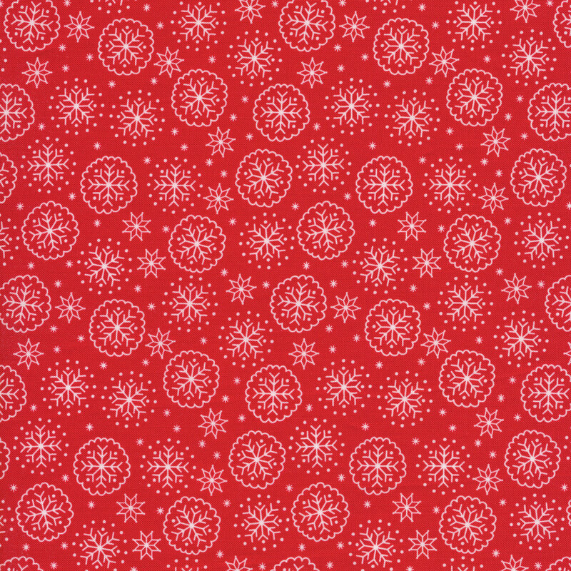 Red fabric with stylized white snowflakes