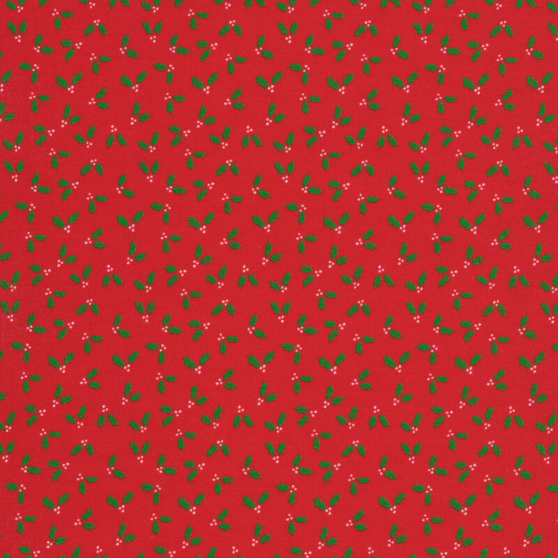 Red fabric with small pairs of holly leaves and berries tossed all over