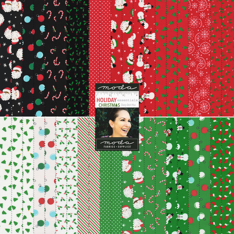 Collage image of all the fabrics included in the Holiday Essentials - Christmas Layer Cake
