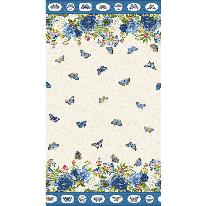 full width image of blue and cream butterfly ombre fabric