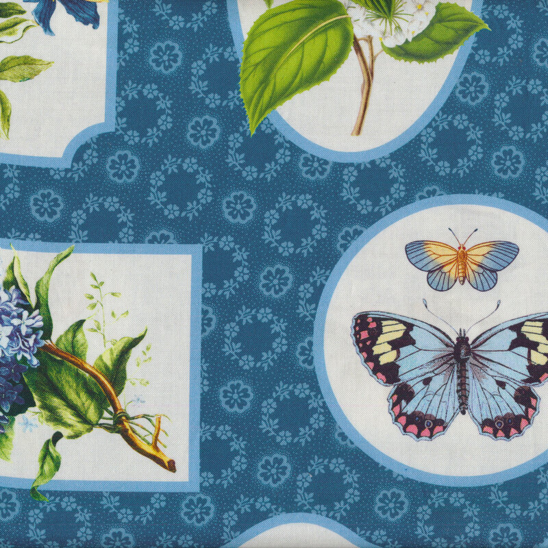 A blue floral background featuring cream shapes that frame blue butterflies and flowers