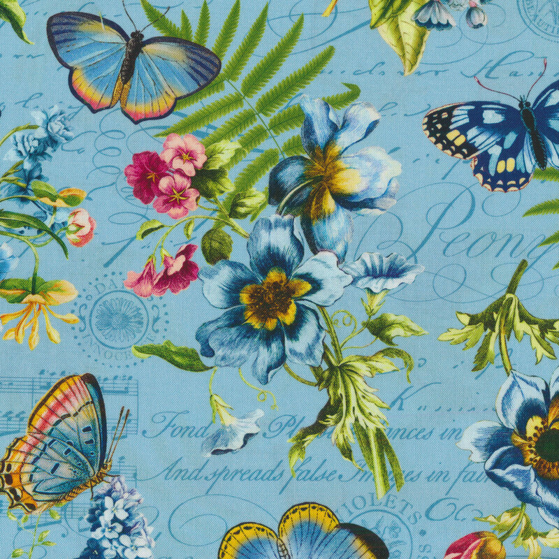 Blue background covered in words with groups of flowers and butterflies all over