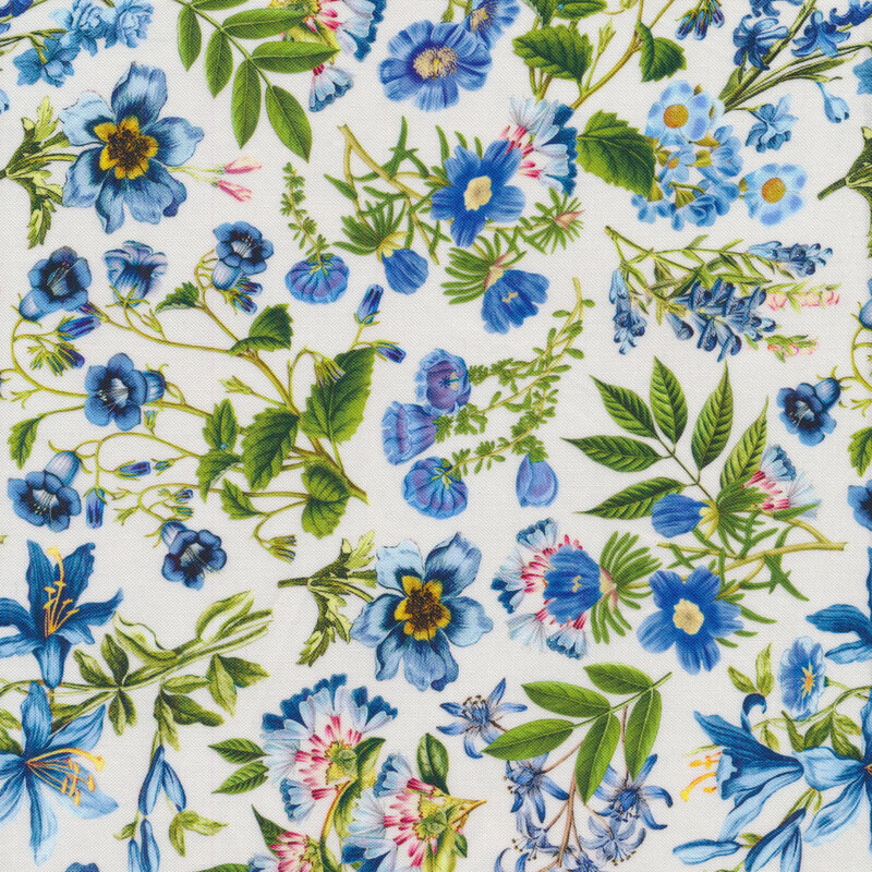 Cream fabric with close blue flowers with green stems and leaves all over.