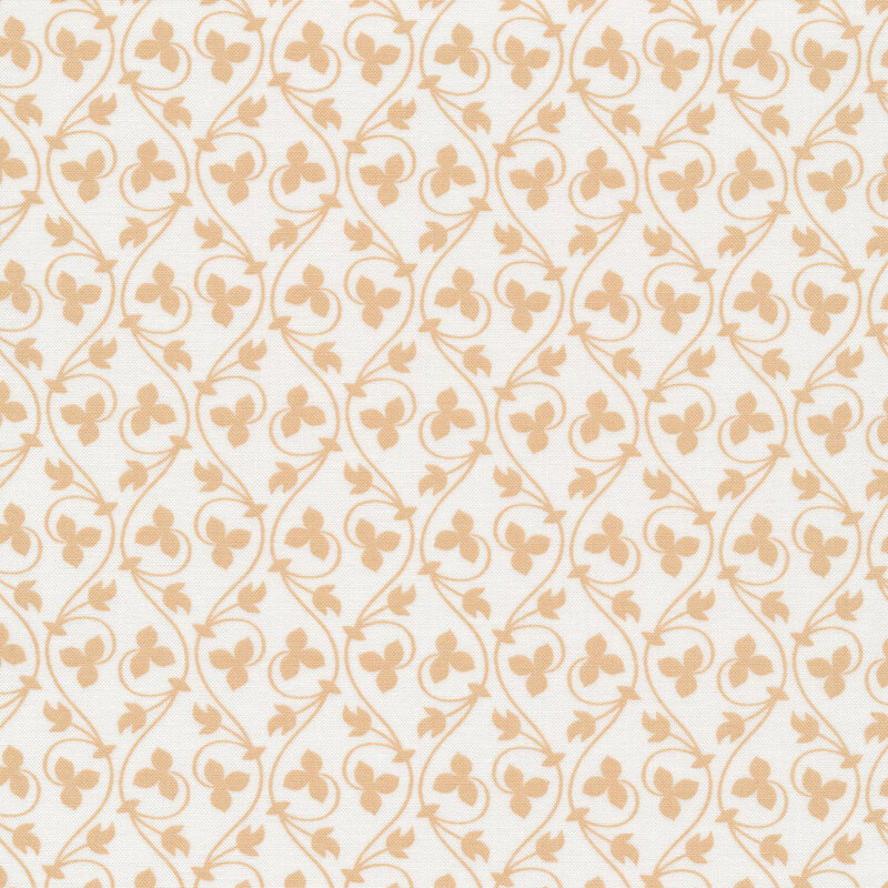 Cream fabric with vertical, curving tan vines and leaves