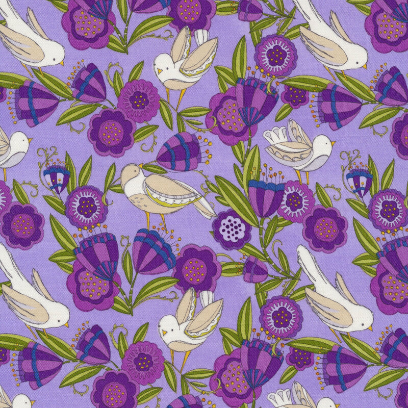 Lavender fabric with stylized purple flowers and white doves with long green leaves