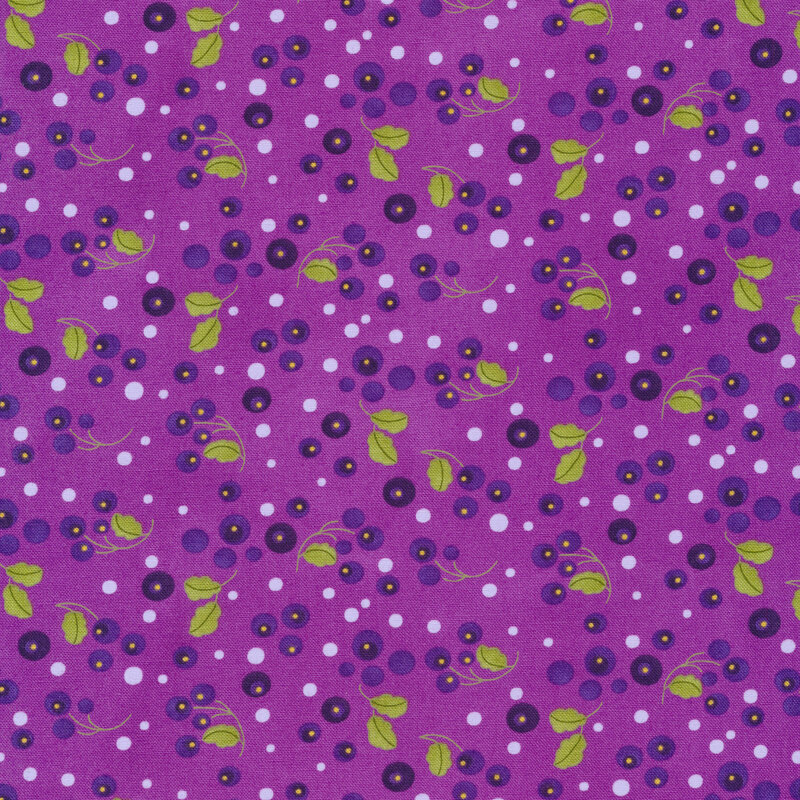 purple fabric with purple berries and green leaves