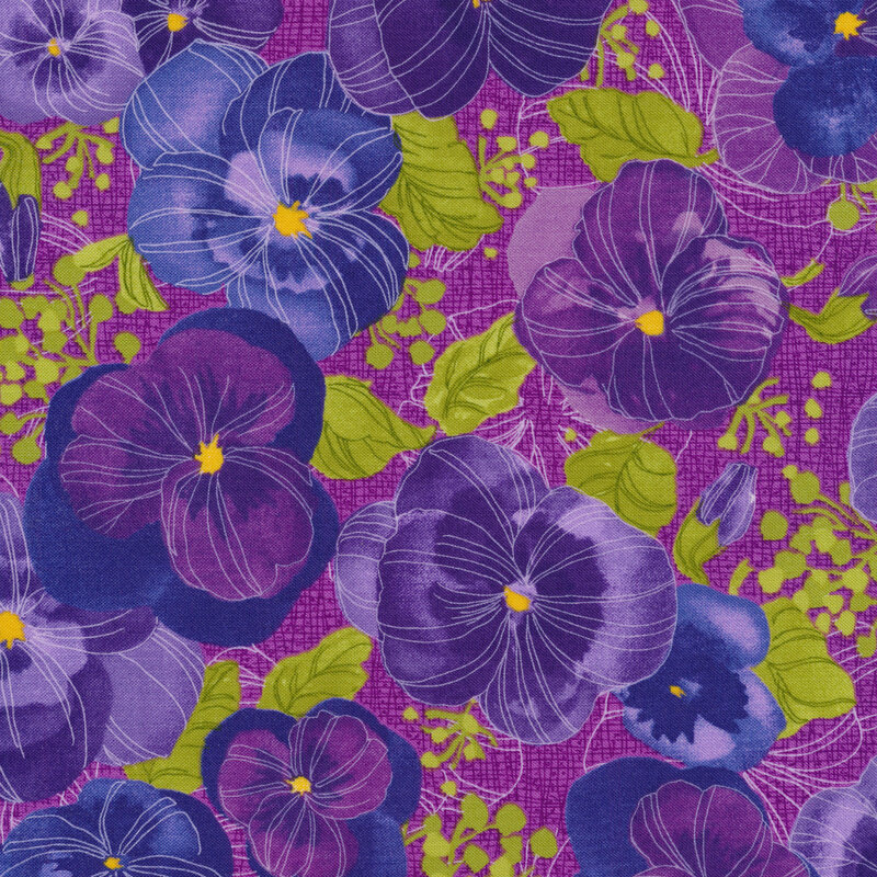Dark purple textured fabric with blue and purple pansies and green leaves