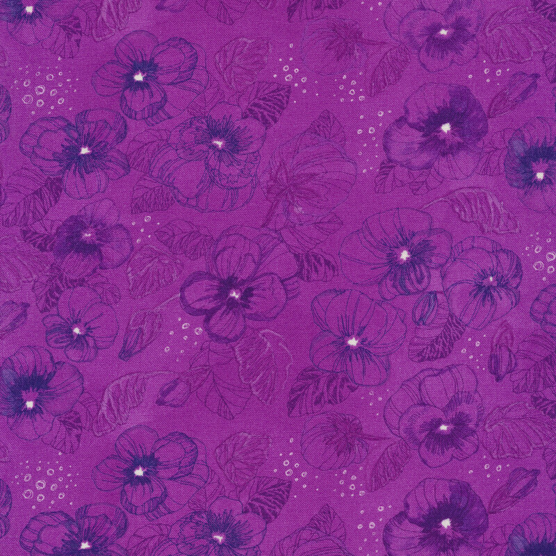 dark purple fabric covered in purple and blue line art of pansies