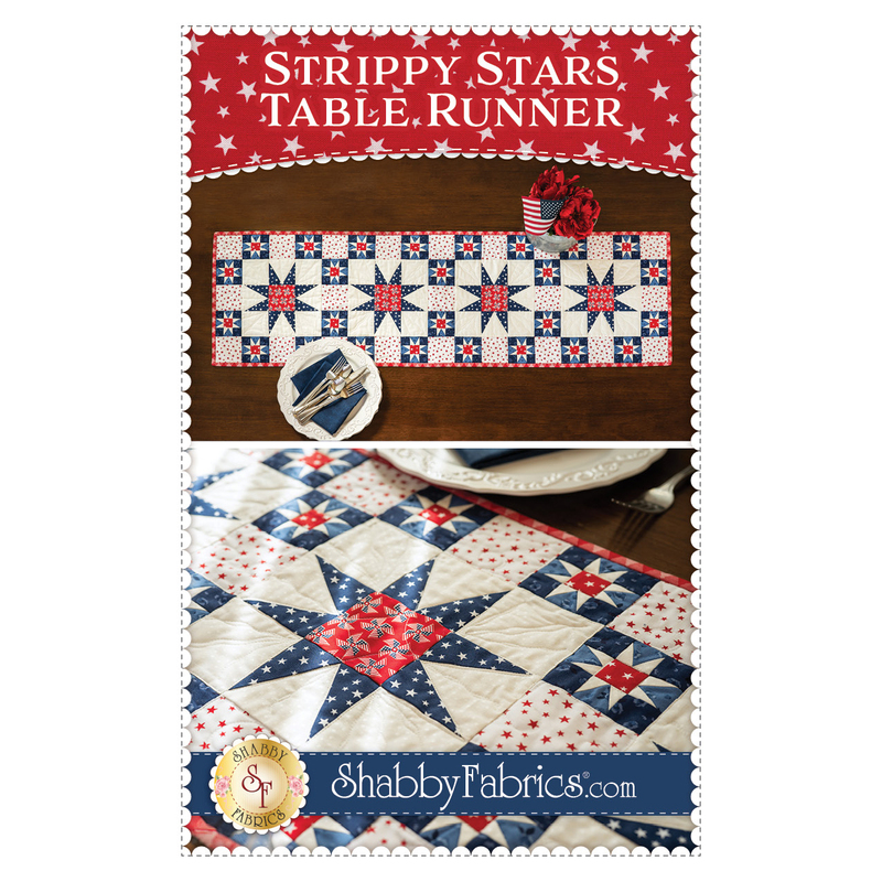 Front cover of the Strippy Stars Table Runner Pattern booklet featuring a finished product