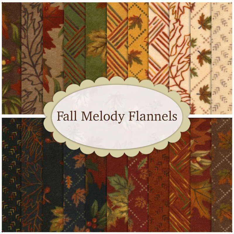Collage of all fabrics within the fall melody flannel set, consisting of warm fall tones in brown, yellow, tan, green, red, and black