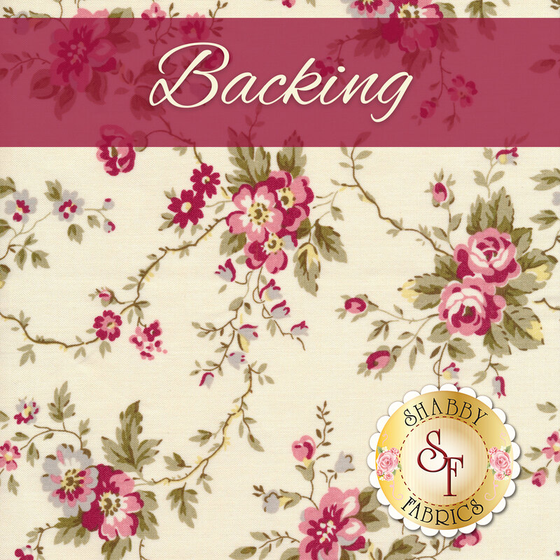 A swatch of cream fabric with vintage red flowers and sprawling vines. A red banner at the top reads 