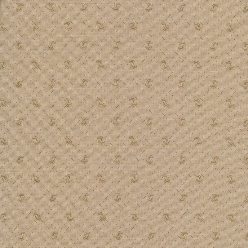 Fabric of a pin dot and curved illustrative print on a tan background.