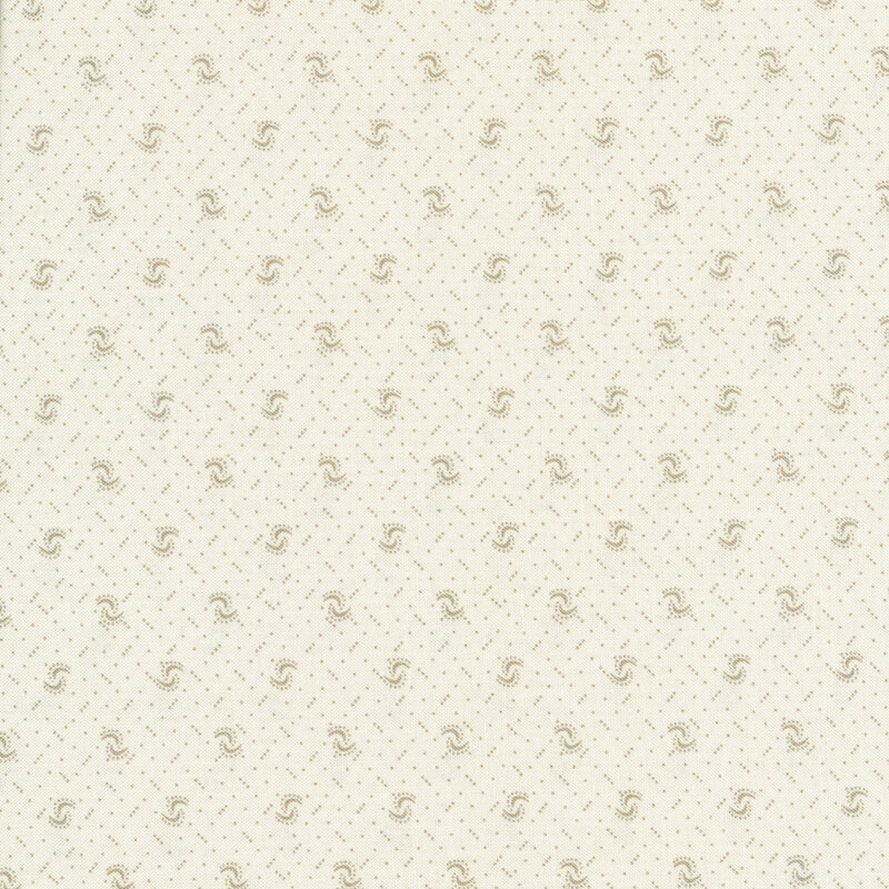 Fabric of a pin dot and curved illustrative print on a cream colored background.