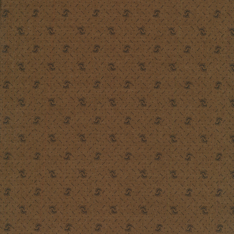 Fabric of a pin dot and curved illustrative print on a brown background.
