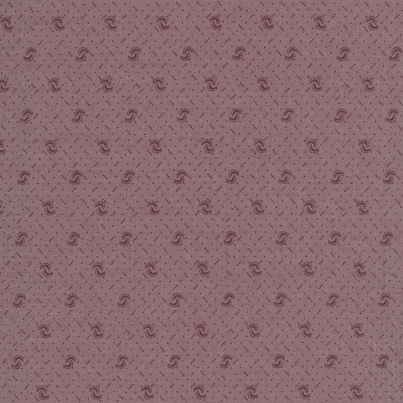 Fabric of a pin dot and curved illustrative print on a dusty purple background.