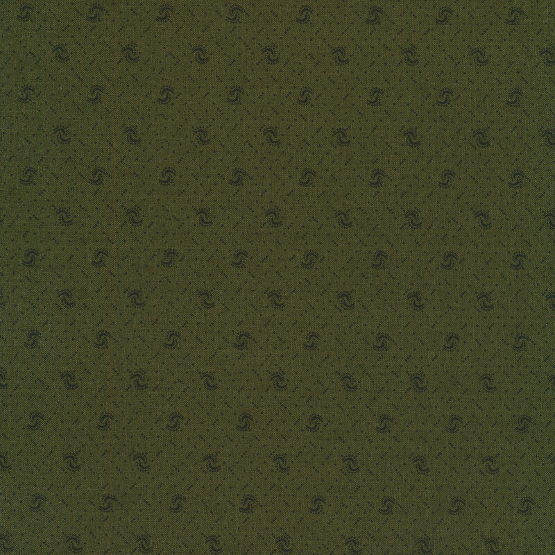 Fabric of a pin dot and curved illustrative print on a dark green background.
