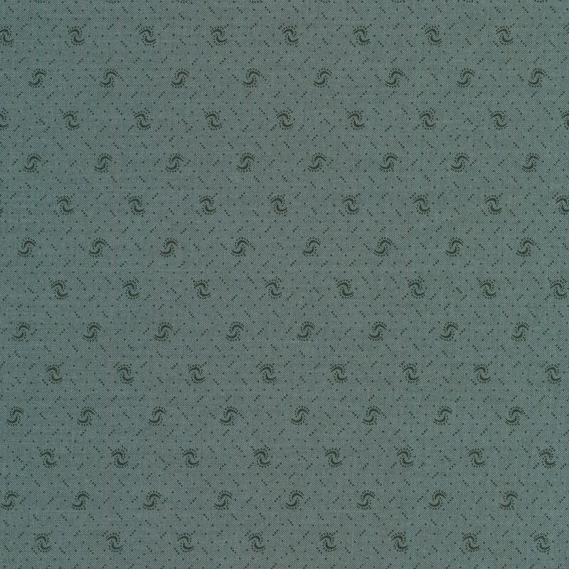 Fabric of a pin dot and curved illustrative print on a dark aqua blue background.