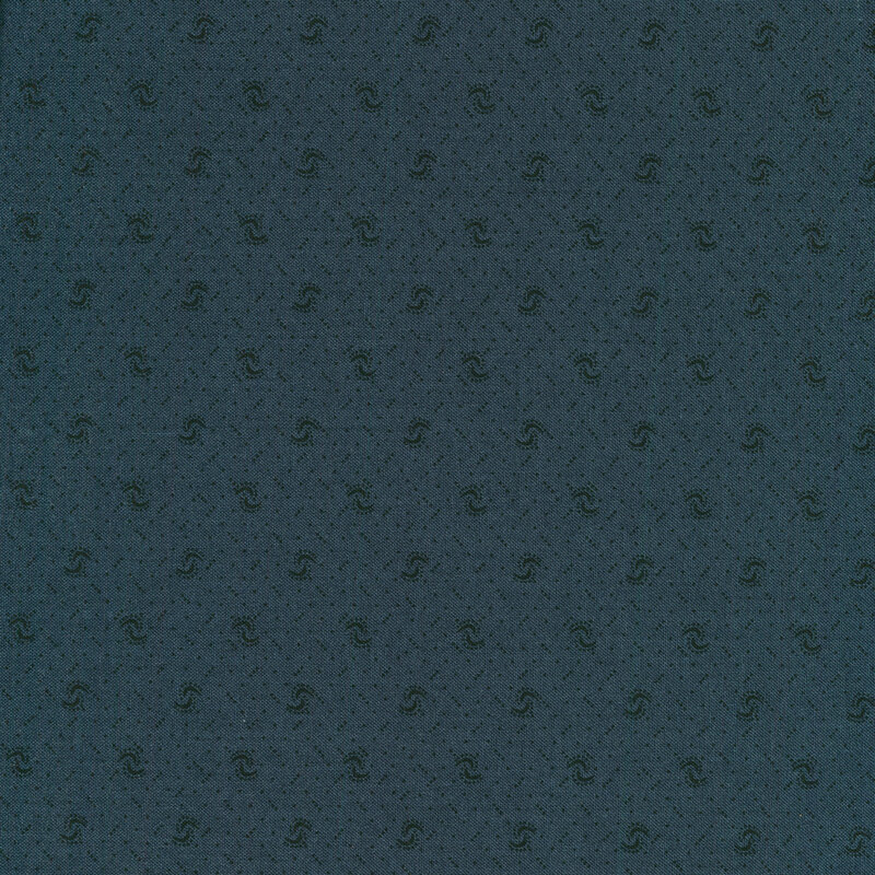 Fabric of a pin dot and curved illustrative print on a navy blue background.