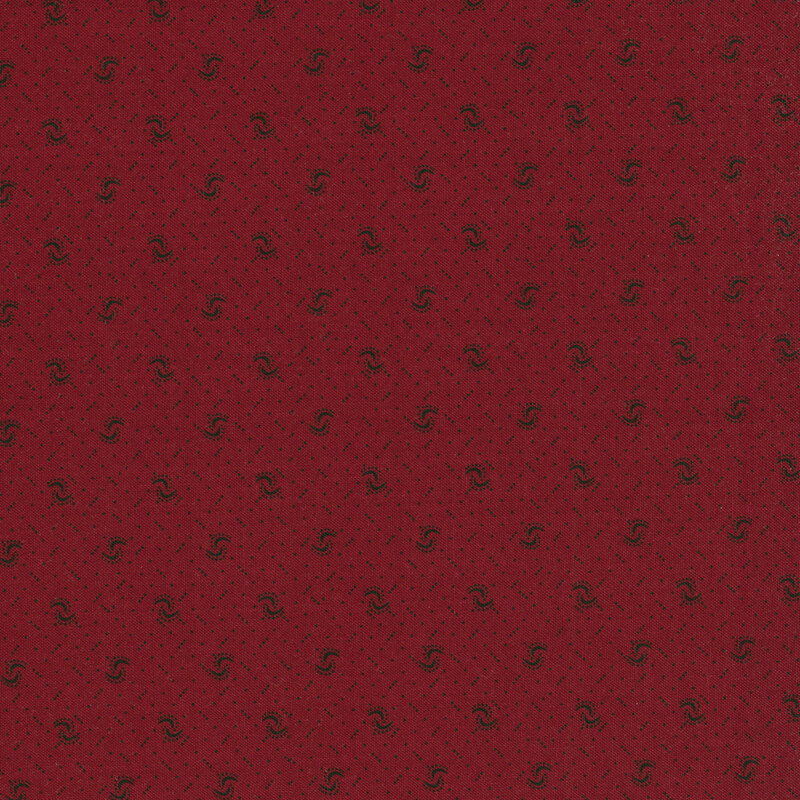 Fabric of a pin dot and curved illustrative print on a red background.