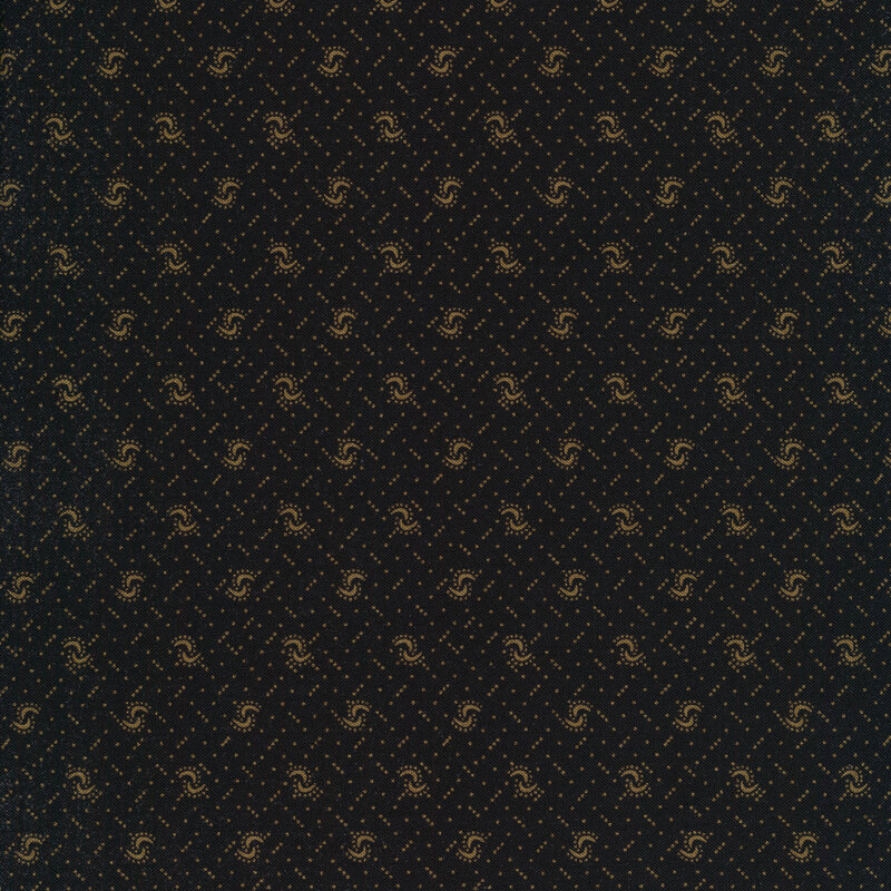 Fabric of a tan pin dot and curved illustrative print on a black background.