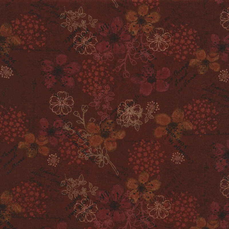 dark red fabric with a vintage look featuring faded brown flowers and line art of flowers and small handwritten phrases in the background