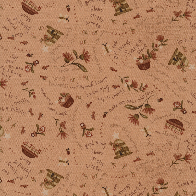 Dusty pink fabric with small images of flowers, curving phrases, flower pots and beehives tossed all over