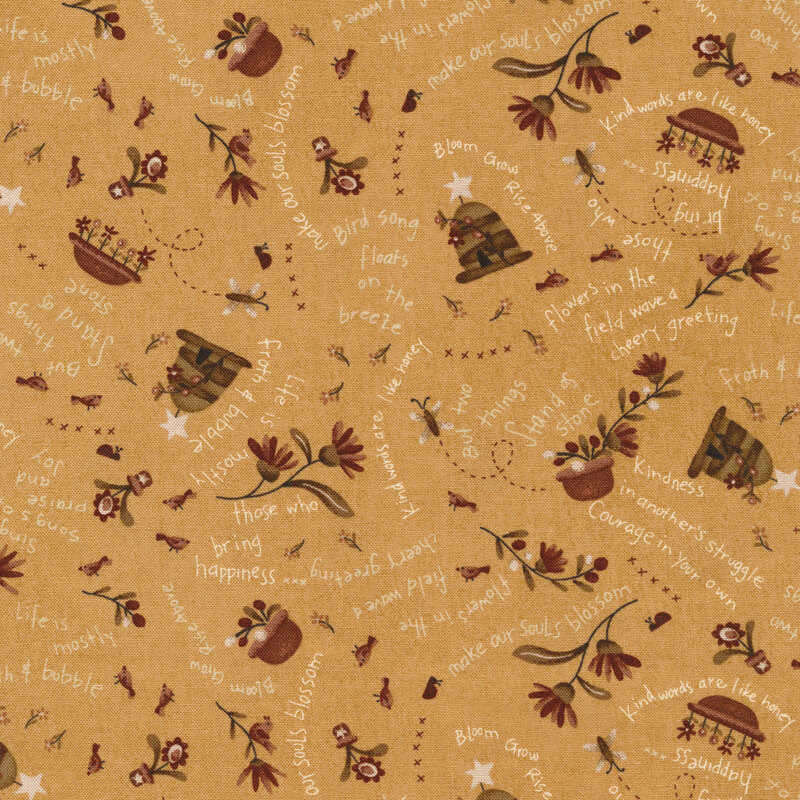 warm tan fabric with small images of flowers, curving phrases, flower pots and beehives tossed all over