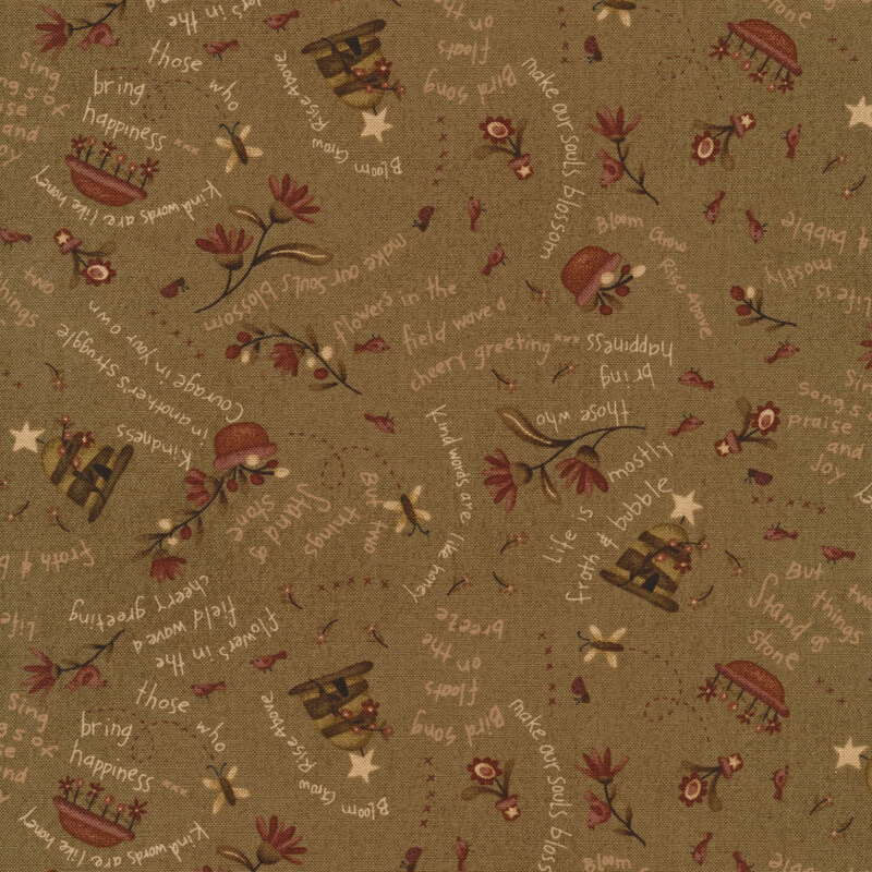 Brown fabric with small images of flowers, curving phrases, flower pots and beehives tossed all over