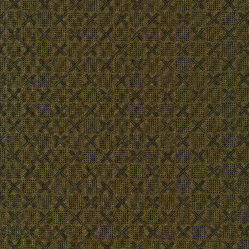 Olive green fabric with a checker pattern of large x's and squares made up of dots