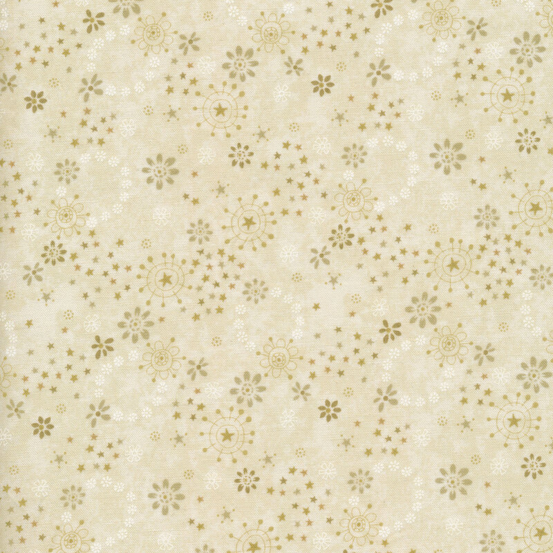 cream fabric with stylized flowers and burst patterns in cream and brown