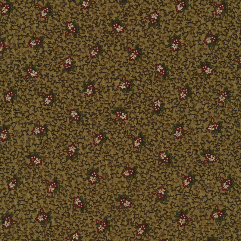 dusty green fabric with abstract brown vines and cream and red flowers