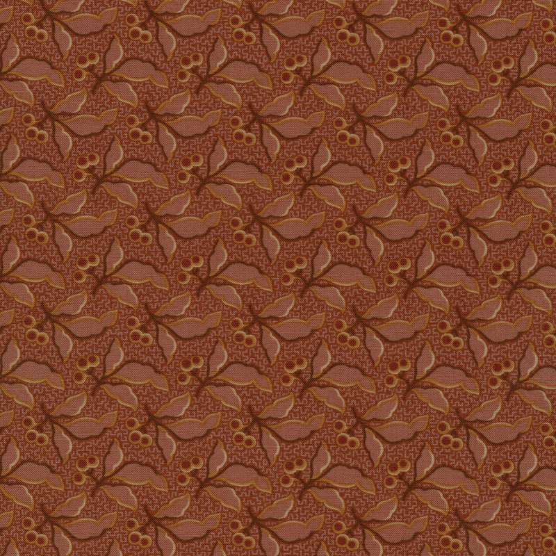 salmon pink fabric with clusters of leaves and berries with brown branches