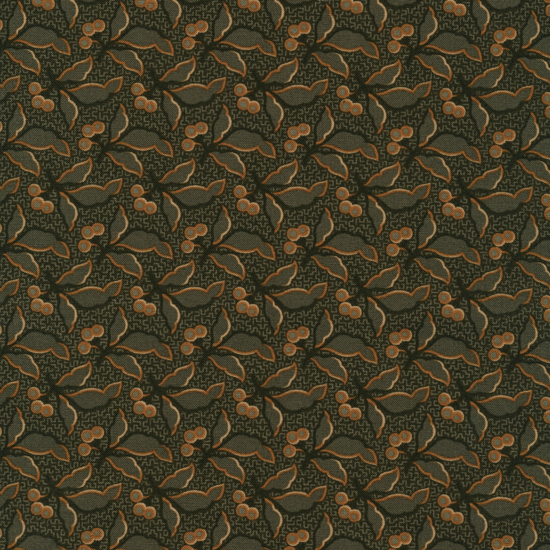 Dark green fabric with large tonal leaf and gold berry clusters with green branches