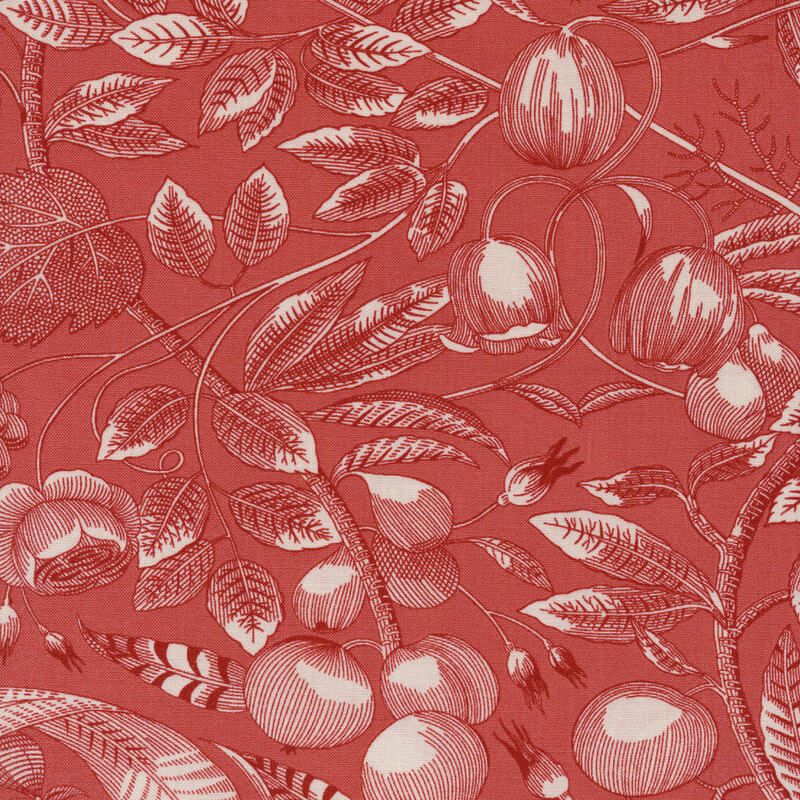 Pink fabric with illustrated plants, flowers, and fruit