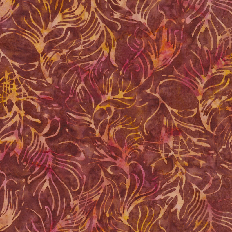 Brown cotton batik fabric with a pale and pink abstract feather design