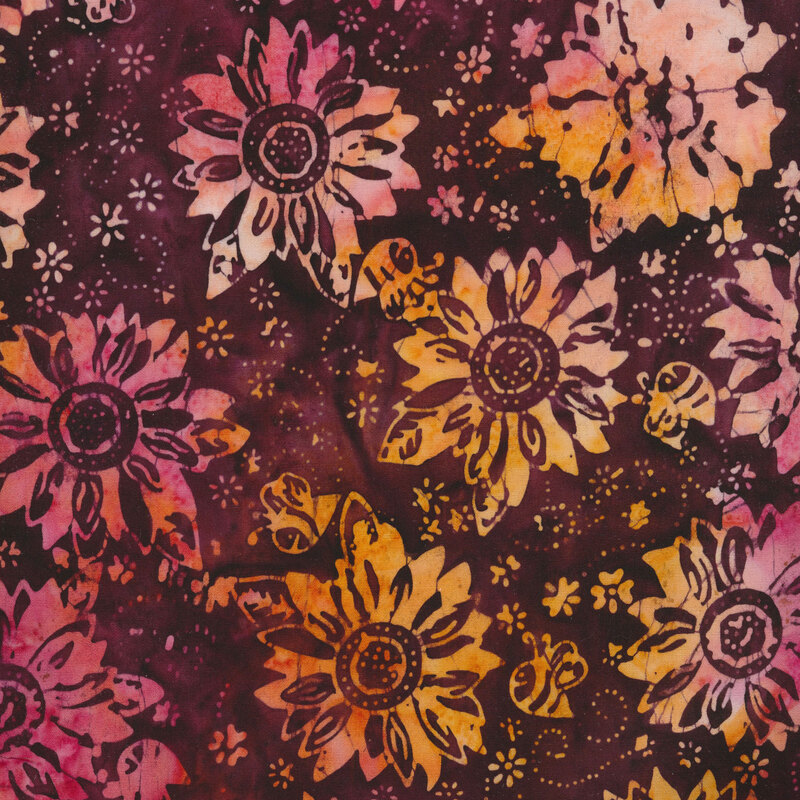 Dark purple batik fabric with yellow and pink daisy-like flowers, small swirls, and bees