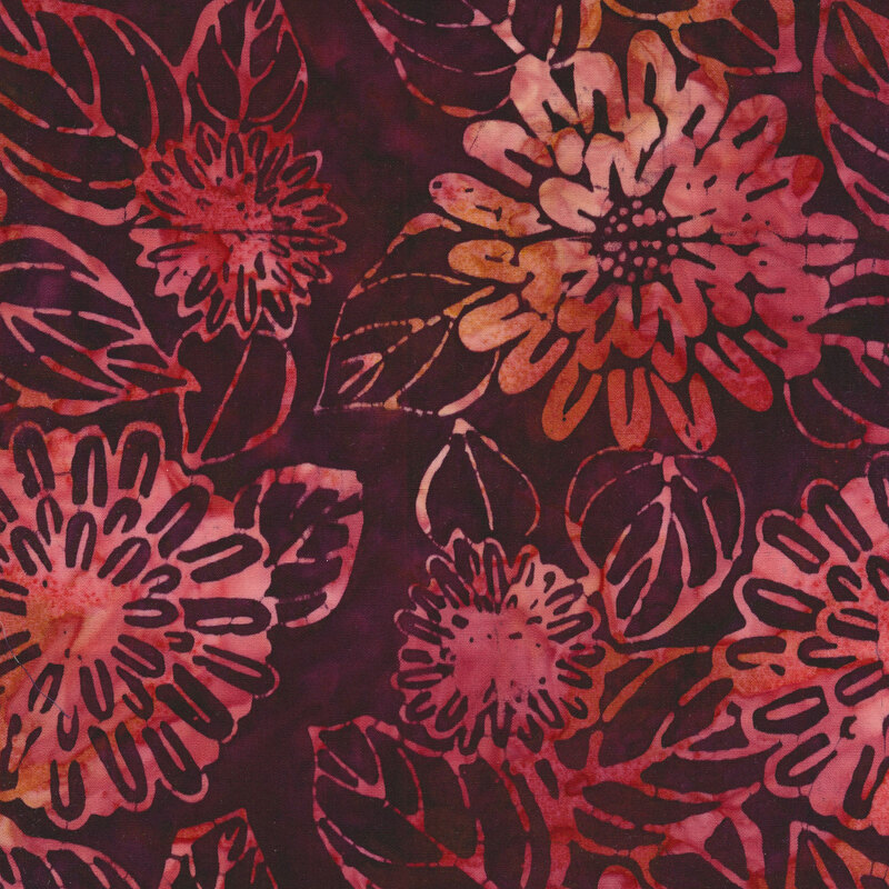 Deep purple fabric with mottled leaf and flower outlines in pinks and oranges.