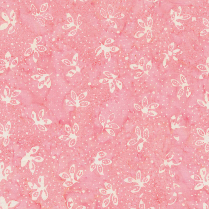 Pale pink mottled fabric with tossed white leaf cluster outlines