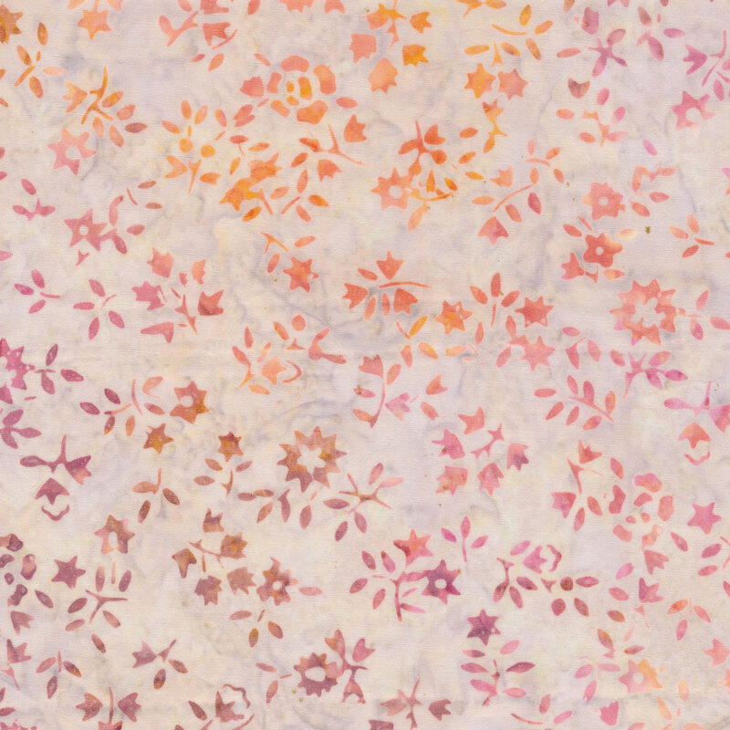 Off white mottled fabric with brown, orange, yellow and pink mottled tossed flower silhouettes
