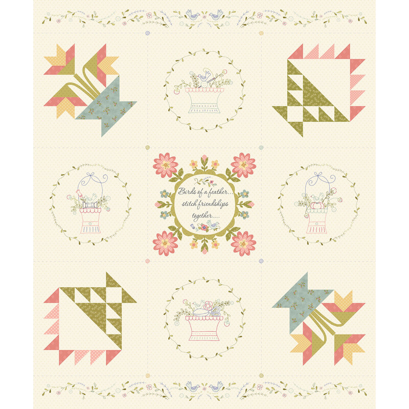 A cream colored springtime quilt panel with geometric flowers and flower pots, and a fun phrase in the center