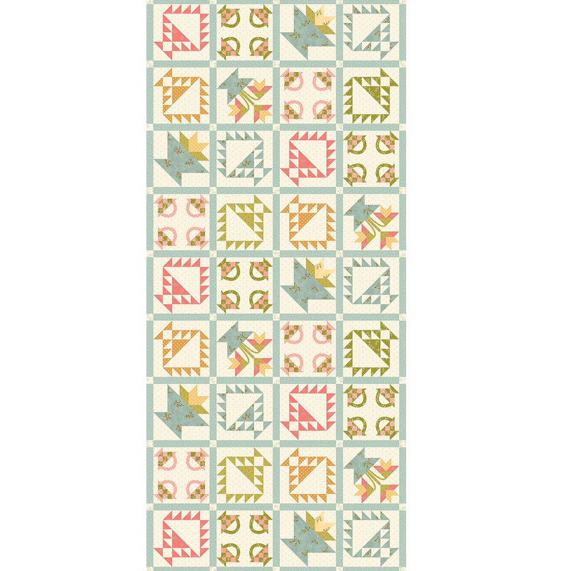 A geometric patchwork fabric with flowers and baskets in small squares