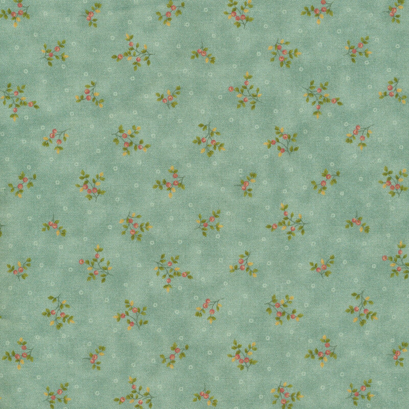 Springtime fabric with tossed floral sprigs and small white rings all over a dull teal mottled background