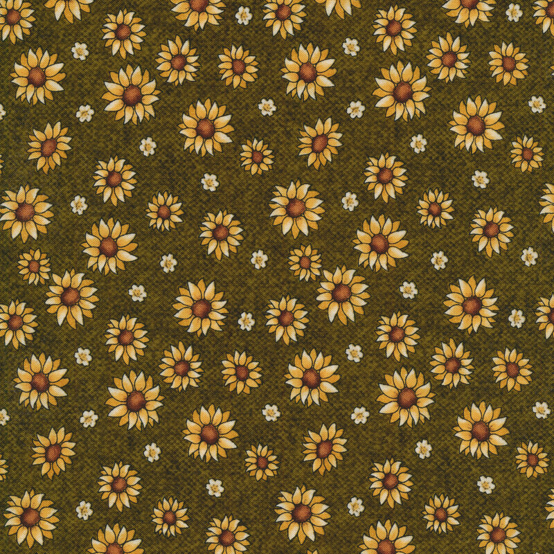 Sewing fabric with small flowers and sunflowers all over a green background